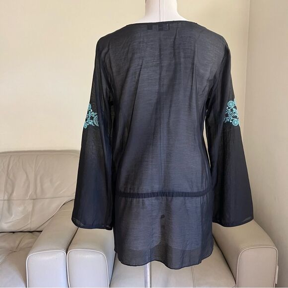 Saks Fifth Avenue Sz M Cotton Silk Embroidered Blouse Tunic Drawstring Black - Picture 12 of 12
